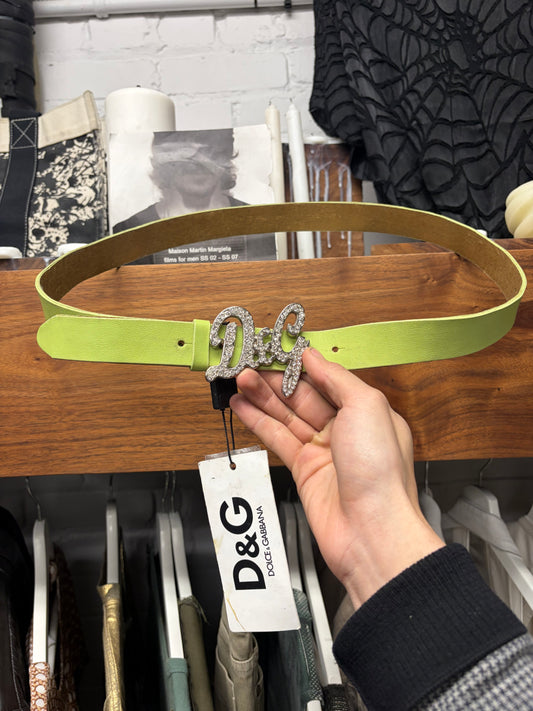 2000s Dolce & Gabbana Lime Green Leather Rhinestone Logo Belt
