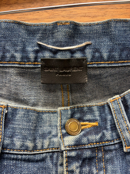 2017 Saint Laurent ‘YSL University’ Patch Blue Skinny Jeans