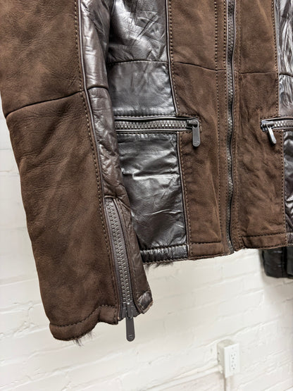 2000s Gucci Brown Suede Panelled Moto Jacket with Shearling Liner