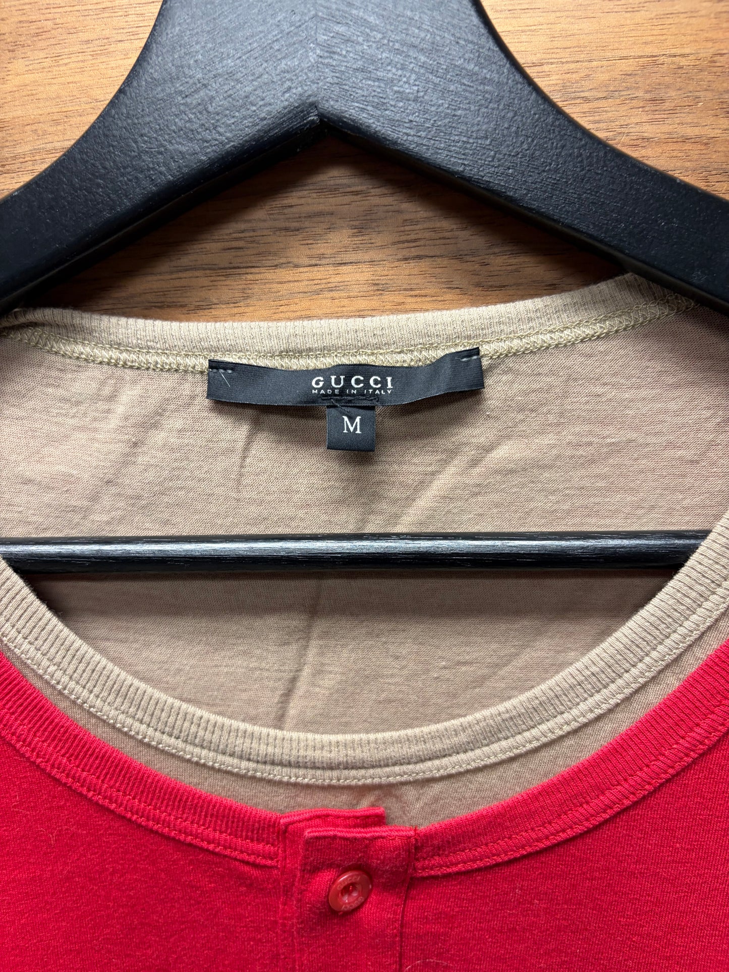 2008 Gucci ‘Star Patch’ Double Layered Brown/Red Cotton Henley Long Sleeve Shirt