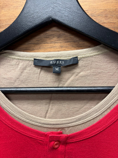 2008 Gucci ‘Star Patch’ Double Layered Brown/Red Cotton Henley Long Sleeve Shirt