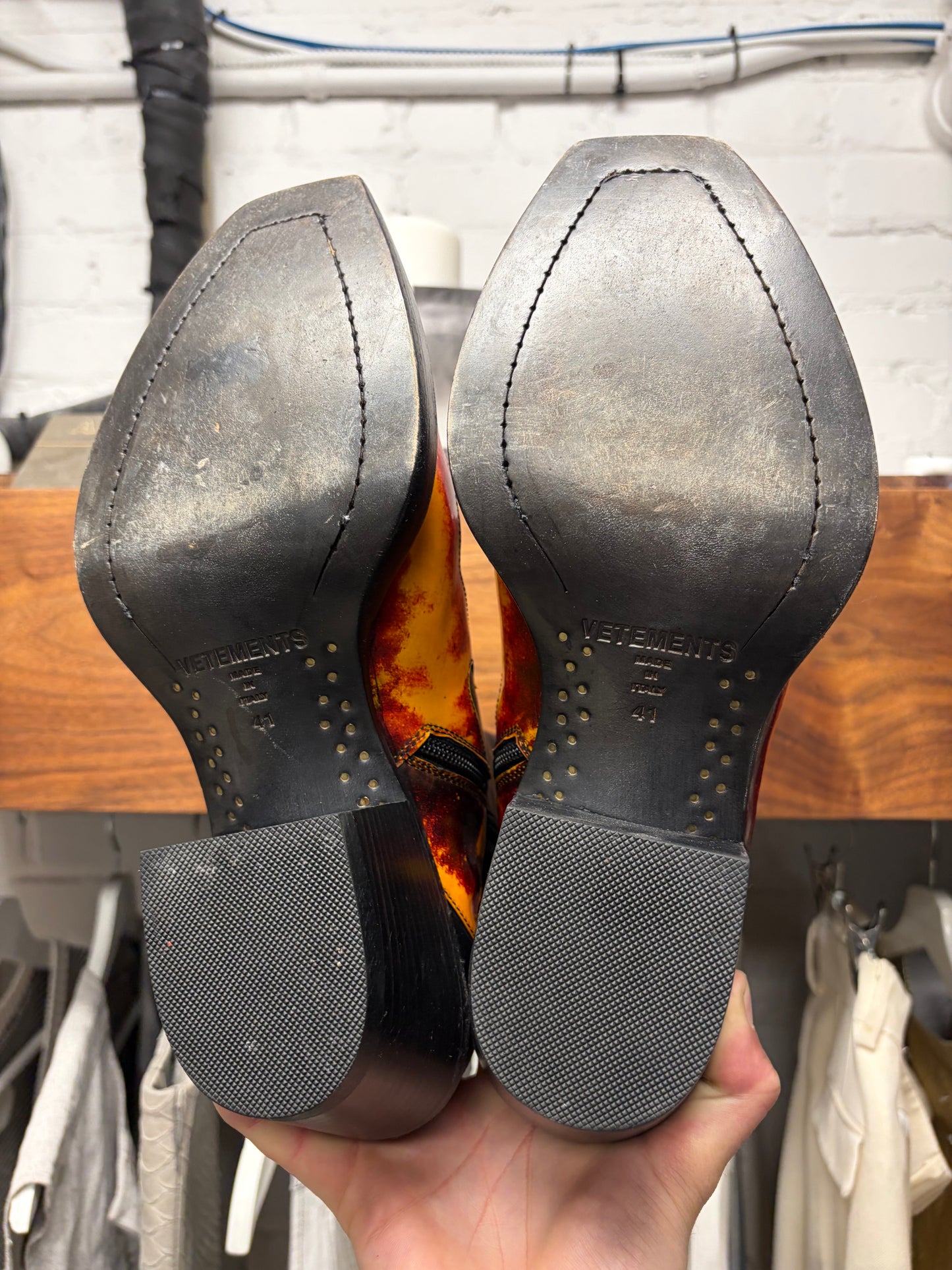 Vetements Flame Appliqué Black Leather Cuban Heel Boots