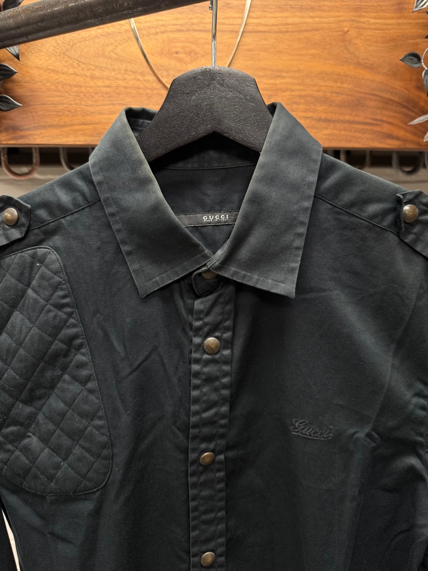 2000s Gucci Quilted Shoulder Detail Button Snap Black Military Shirt