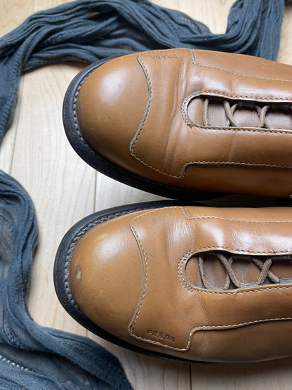 Prada Low Top Caramel Brown Leather Bowling Sneakers