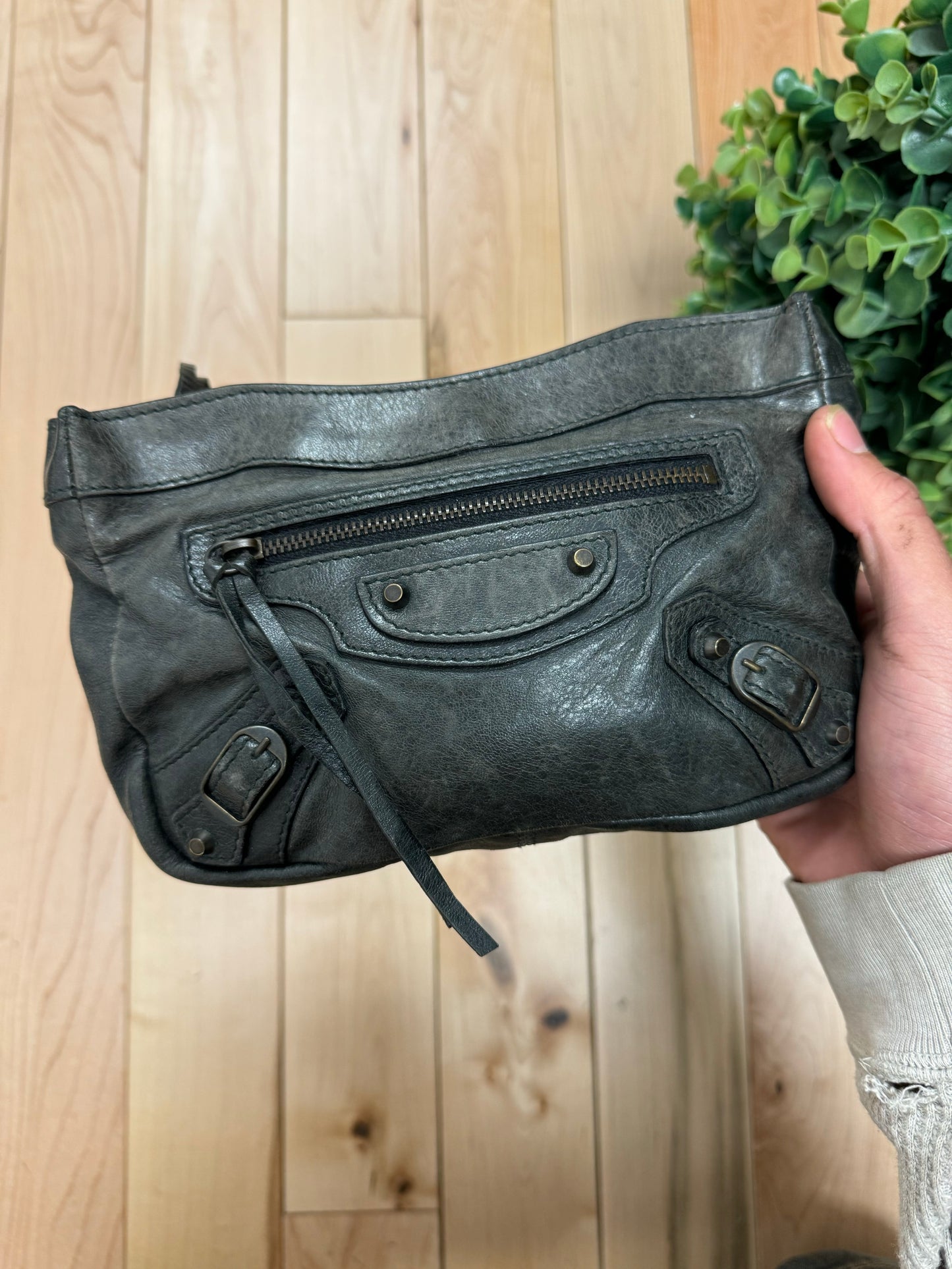 Balenciaga ‘Hip’ Leather Motocross Grey Clutch Bag