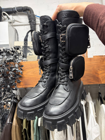 Prada ‘Monolith’ Black Calfskin Leather High Cut Cargo Boots