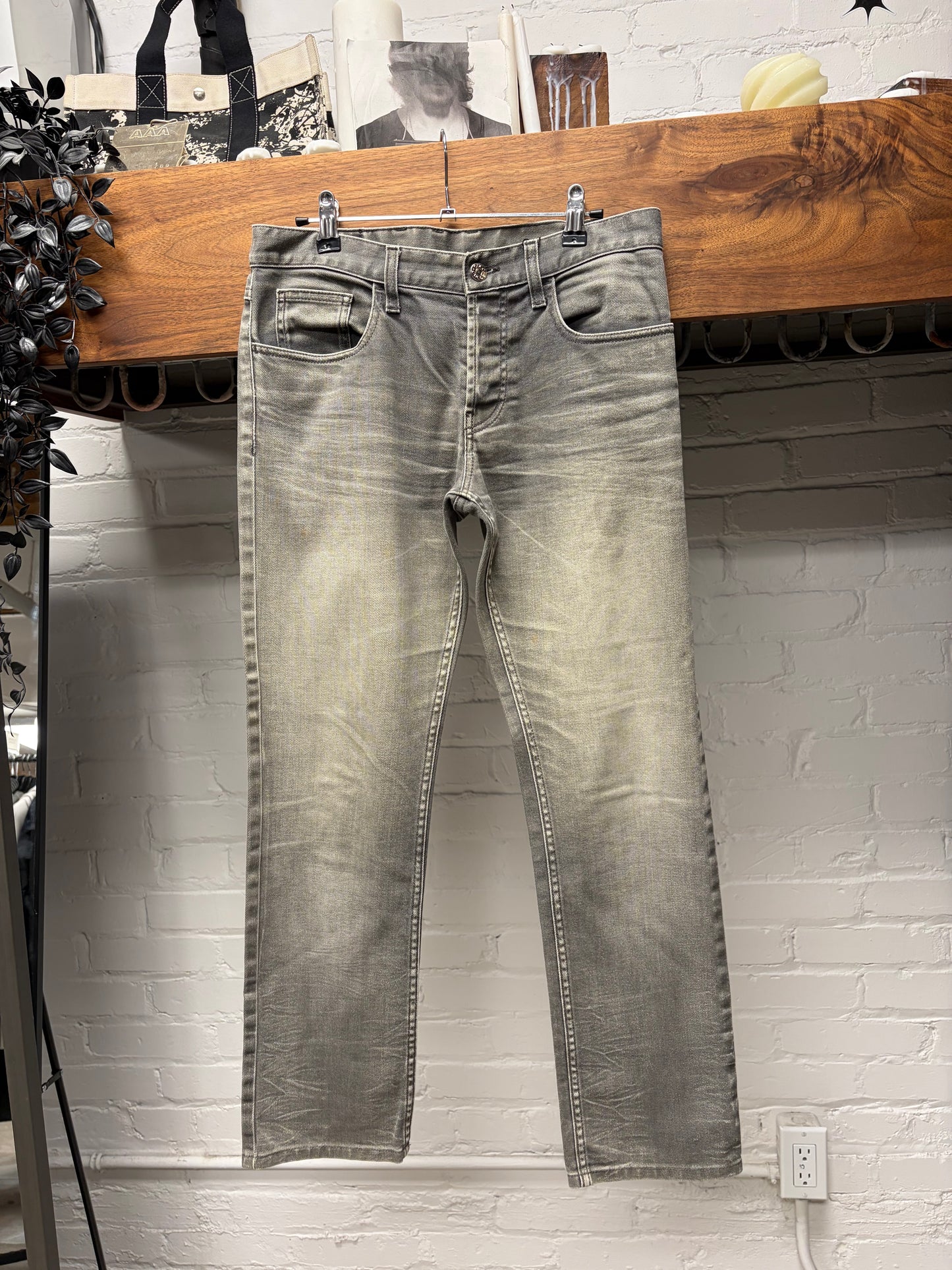 2010s Gucci Faded Grey Skinny Jeans with Leather Back Tab