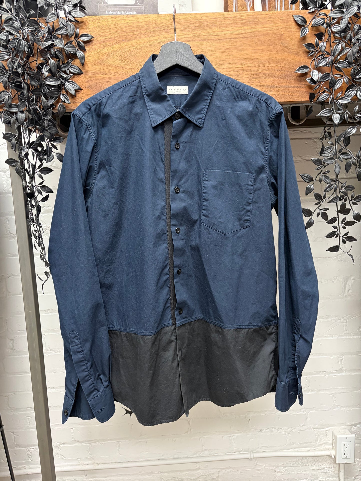 Dries Van Noten Navy Blue Button Up Shirt with Black Bottom Hem