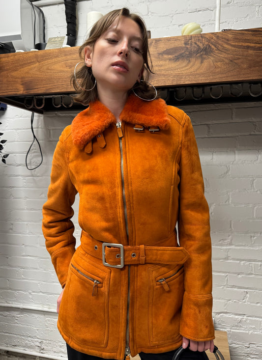 AW1995 Gucci by Tom Ford Orange Shearling Lined Suede Belted Jacket