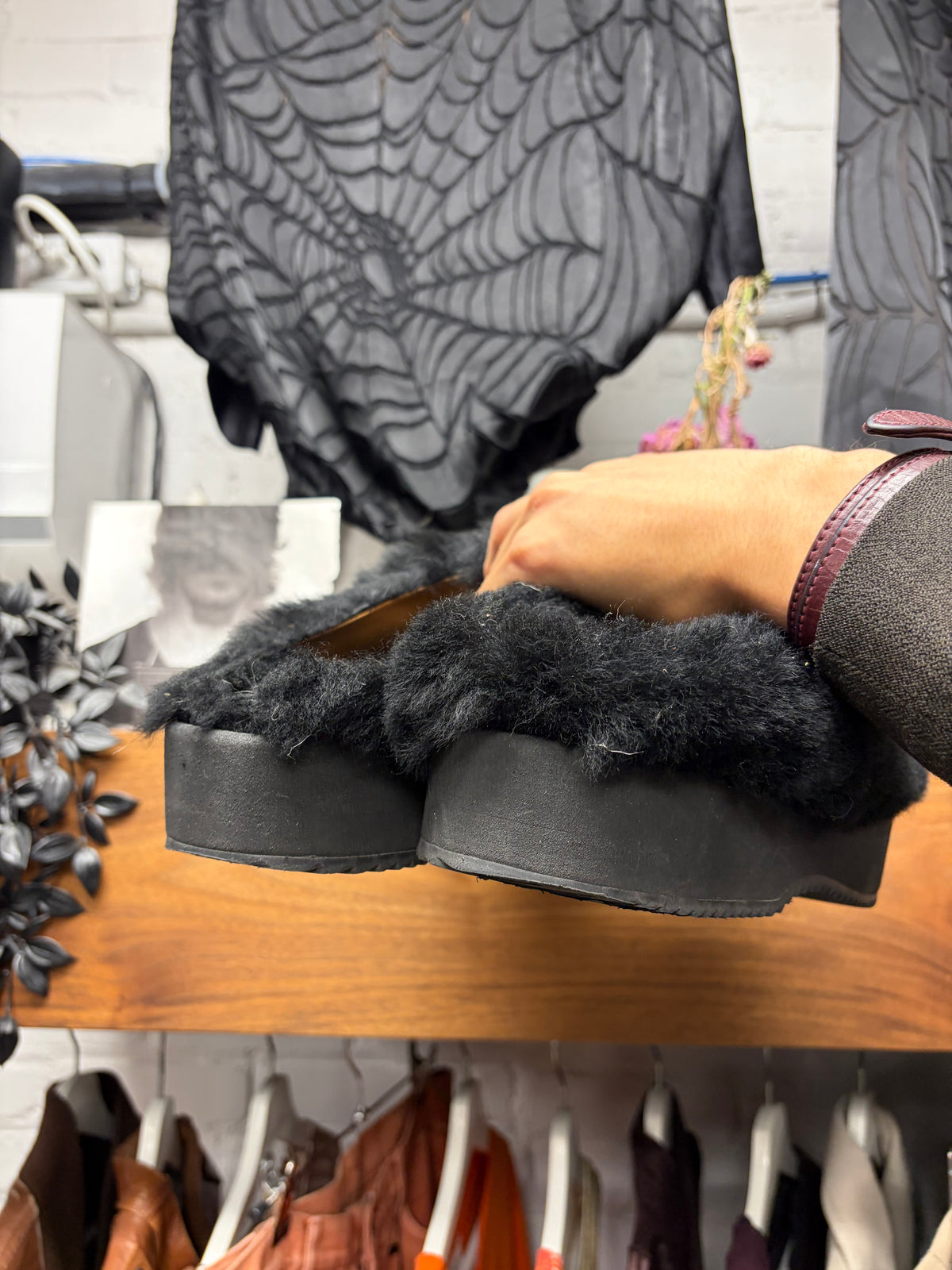 Dries Van Noten Black Shearling Fur Platform Sole Mules