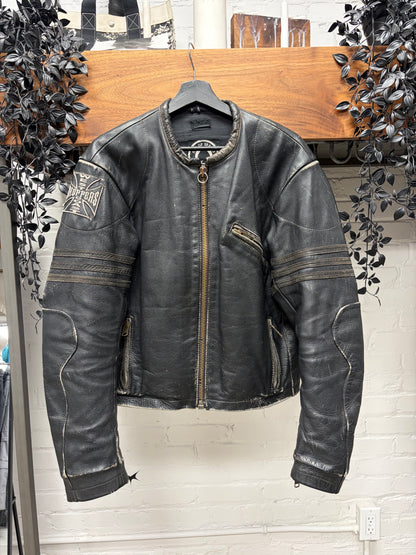 Vintage 90s West Coast Choppers ‘Cross Patch’ Black Calfskin Leather Biker Jacket