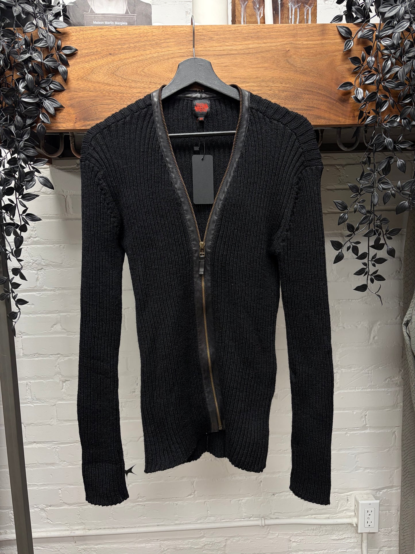 Vintage Jean Paul Gaultier Loose Gauge Knit Zip-Up Sweater with Leather Trim