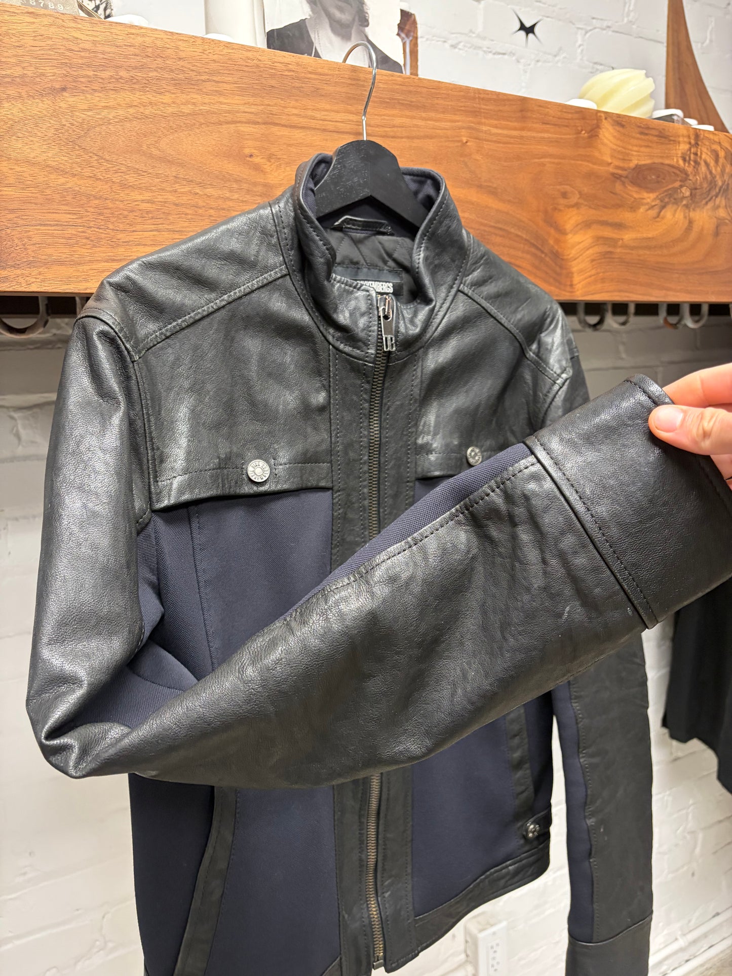 Dirk Bikkembergs Leather Moto Jacket with Navy Blue Panelling