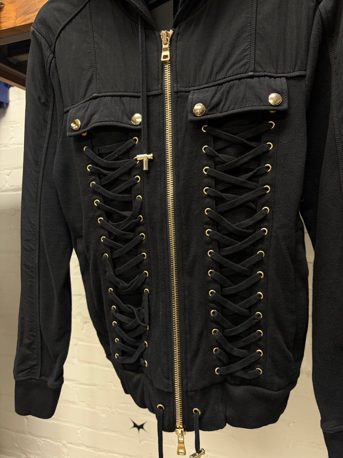 Balmain 'Corset Lace' Black Zip-Up Hoodie with Gold Hardware