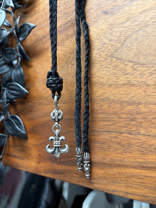 Chrome Hearts ‘Fleur De Lis’ Double Bail Pendant + Braided Leather Rope Necklace