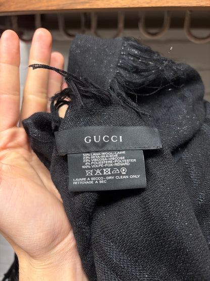 2000s Gucci Genuine Fox Fur Trim GG Monogram Black Scarf