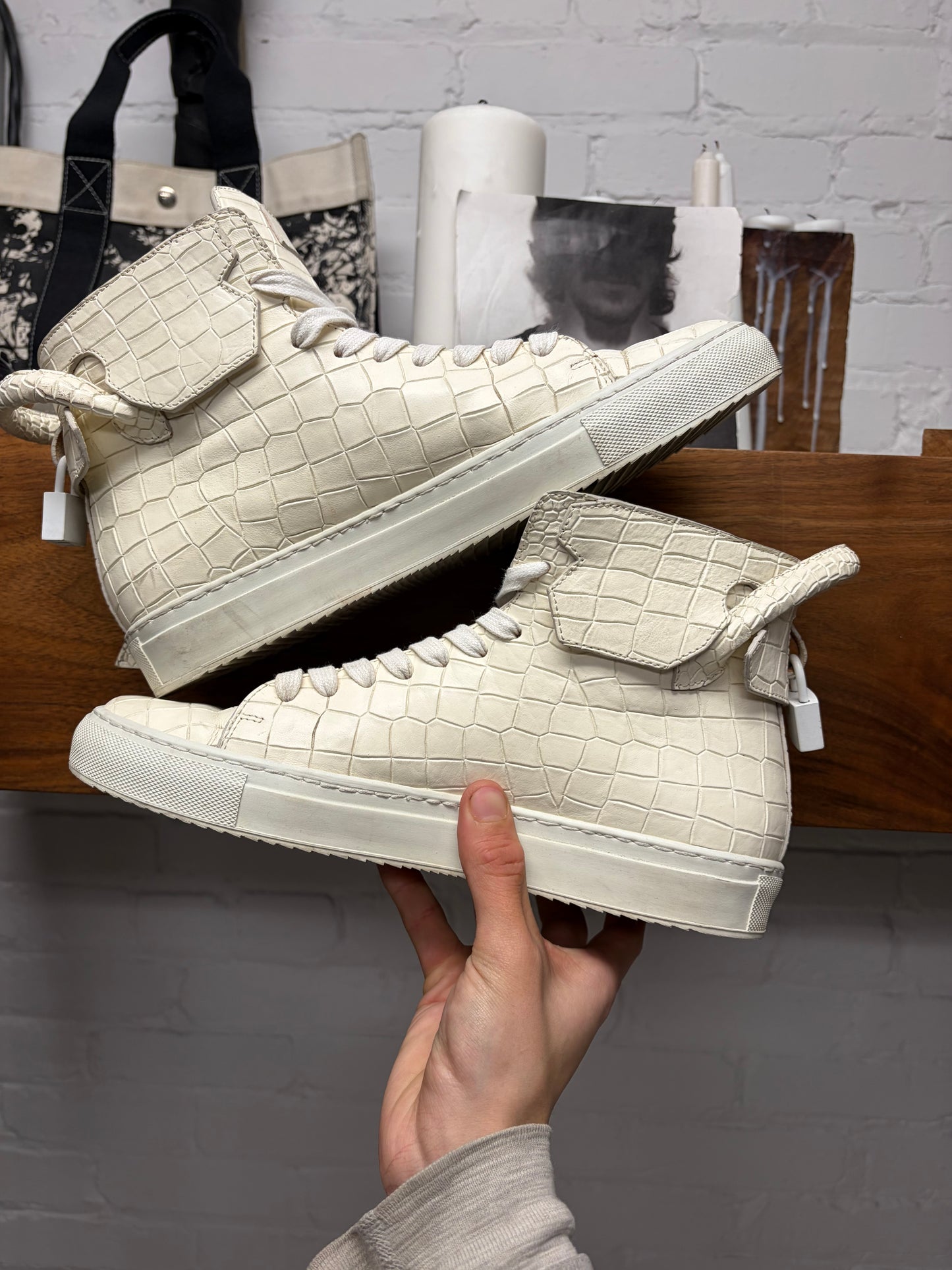 Buscemi x En Noir Croc Embossed Cream White Leather High Top Sneakers