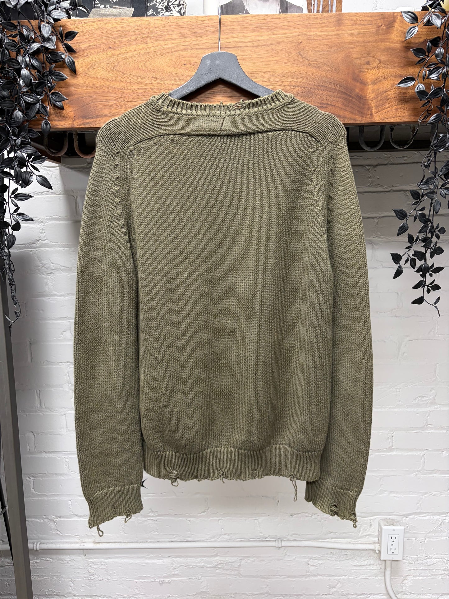 2020 Saint Laurent Distressed Dark Green Wool Knit Sweater