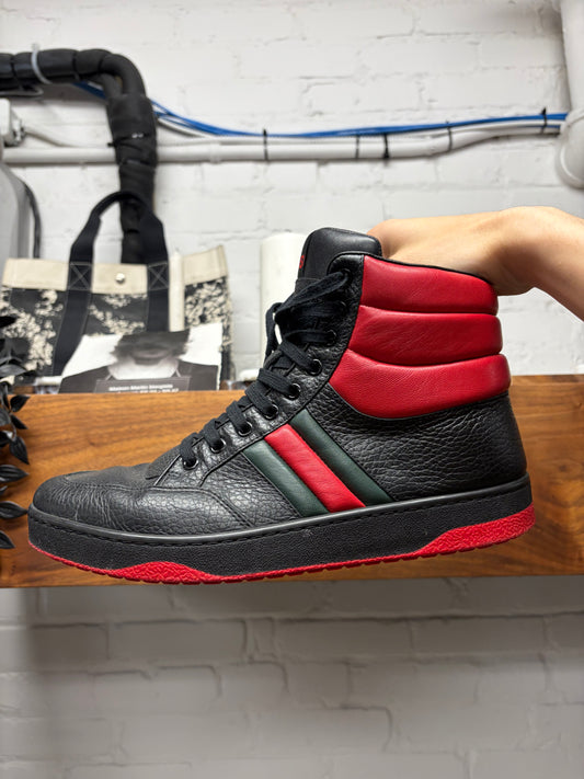 Gucci ‘Ronnie’ Black/Red Stripe Logo Leather High Top Sneakers