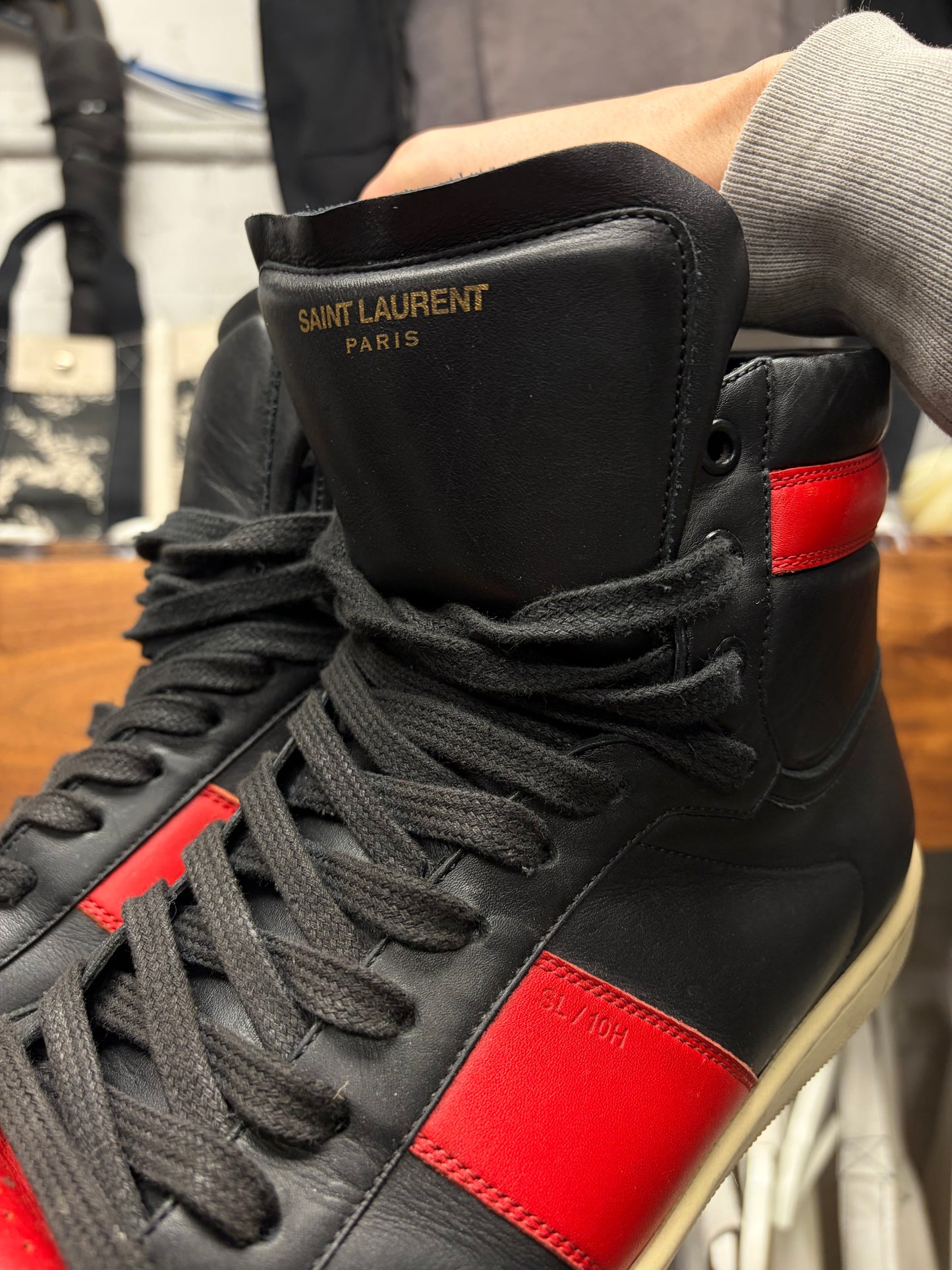 Saint Laurent ‘SL/10H’ Black/Red Leather Court High Top Sneakers
