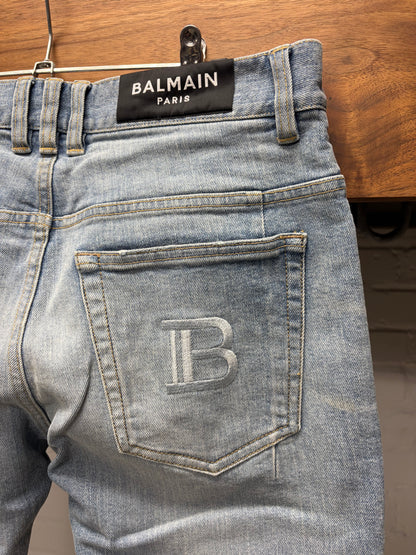 Balmain Distressed Knee Blue Skinny Jeans