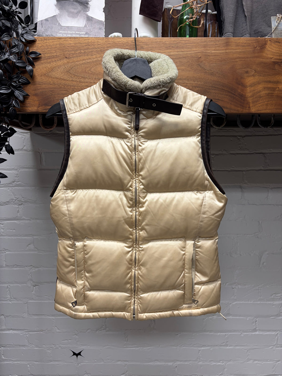 2006 Prada Gold Puffer Vest with Leather Belted Collar and Sheep Fur Trim