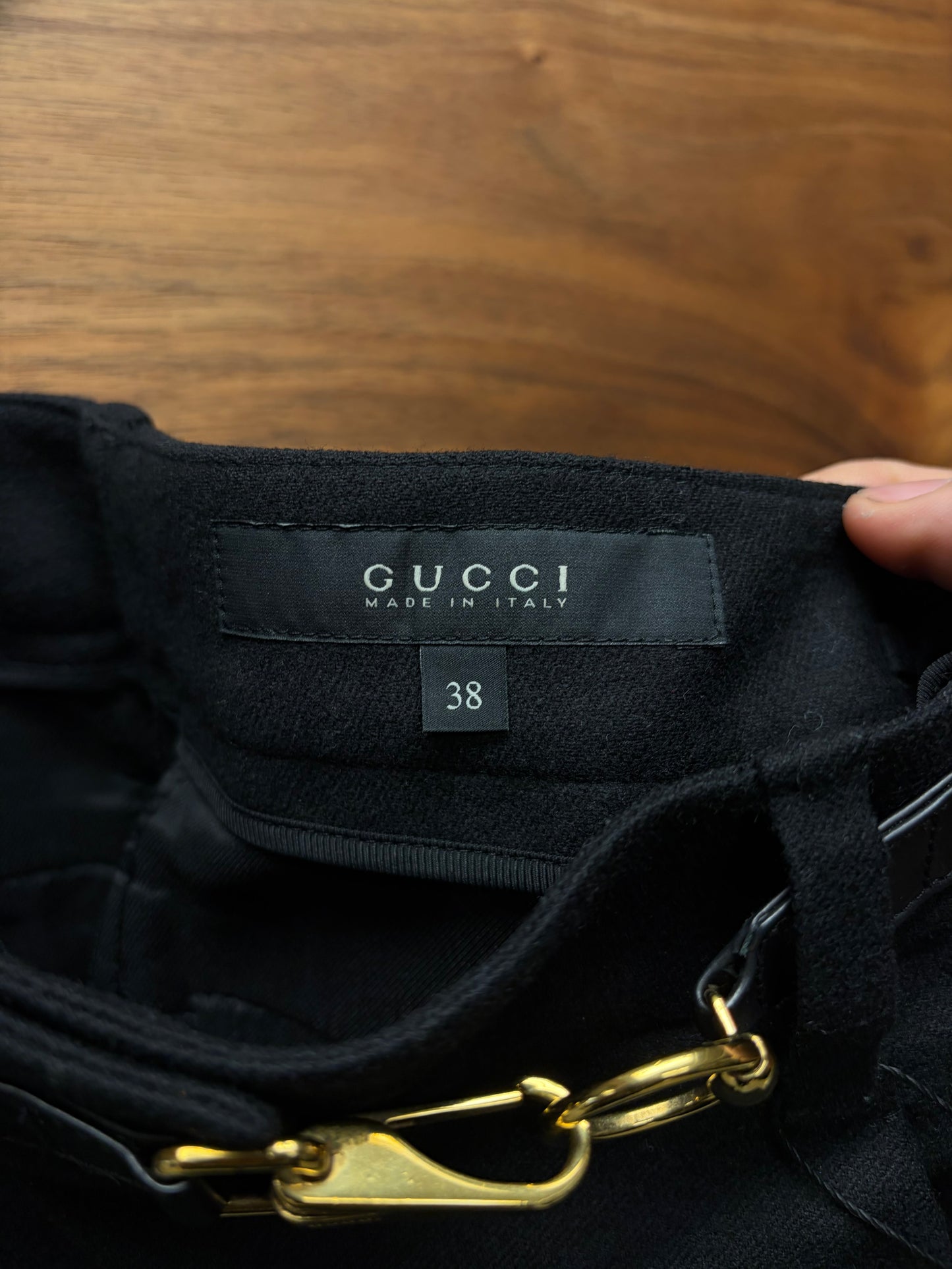 Vintage Gucci Gold Horsebit Belted Closure Black Wide Leg Trousers