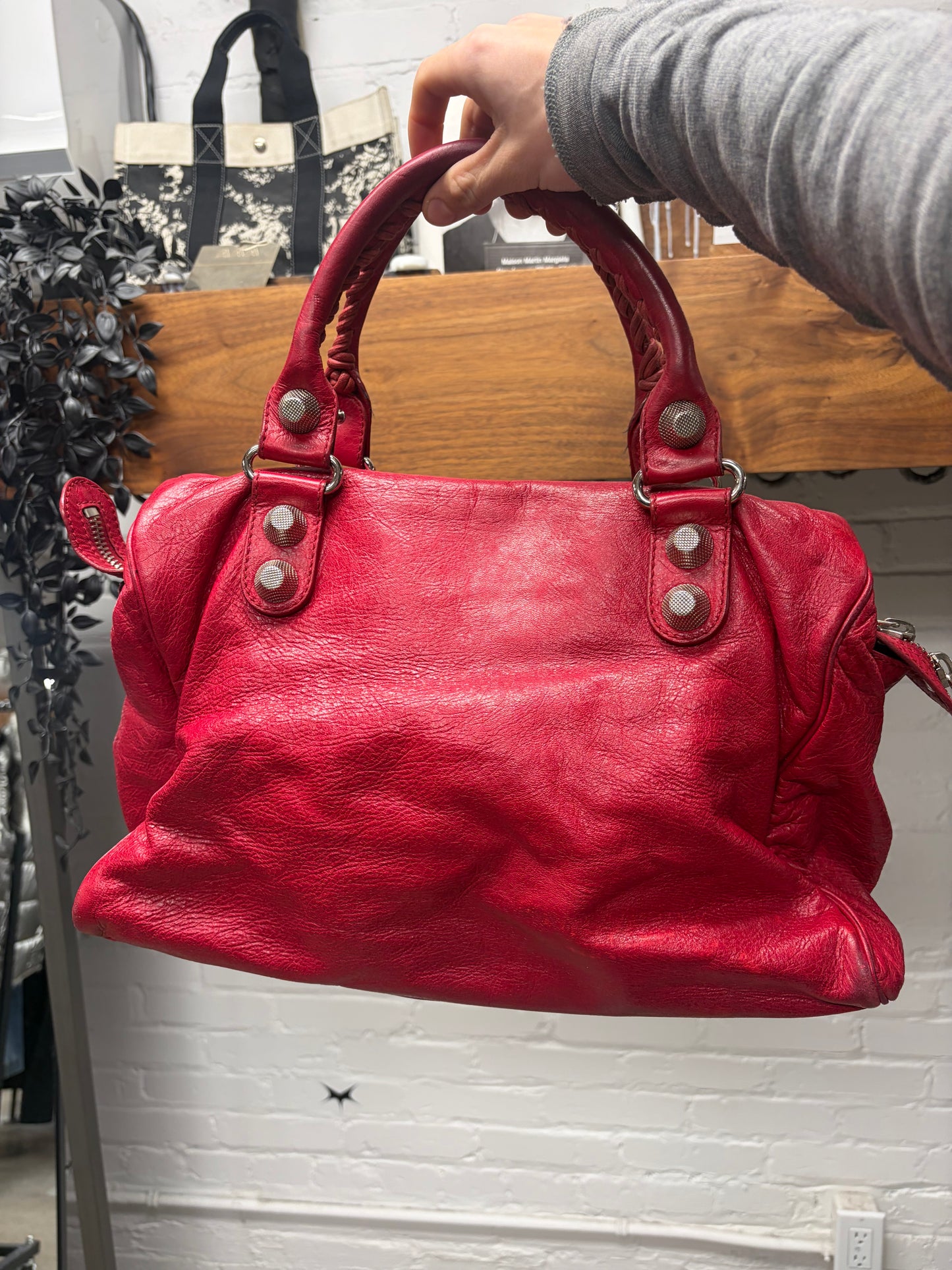 Balenciaga ‘Giant 21’ Tumbled Red Leather ‘City Bag’ with Silver Hardware