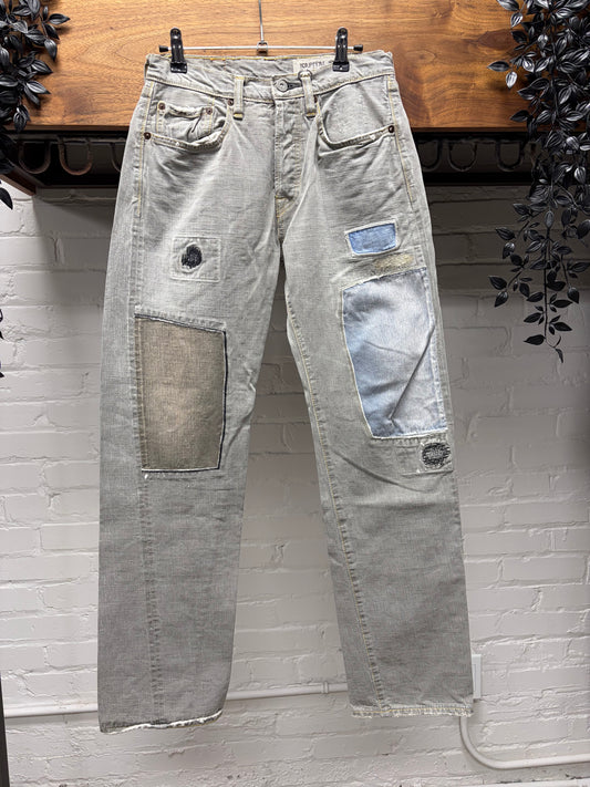 Kapital Repaired ‘Sun-Faded’ Grey Patchwork Bootcut Denim