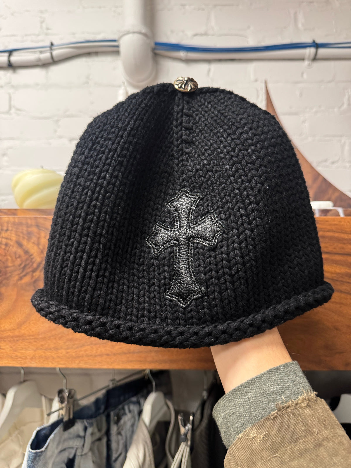 BRAND NEW CHROME HEARTS CHEETAH CROSS PATCH KNIT BEANIE  Chrome Hearts Green & Cheetah Cross Patch Cashmere Beanie main image 2