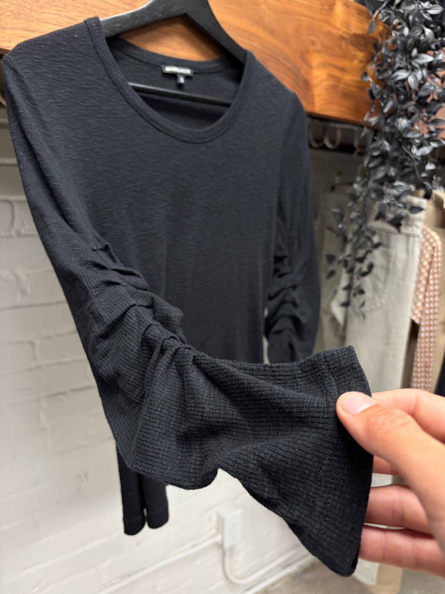 Ann Demeulemeester Ruched Sleeve Ribbed Cotton Black Shirt