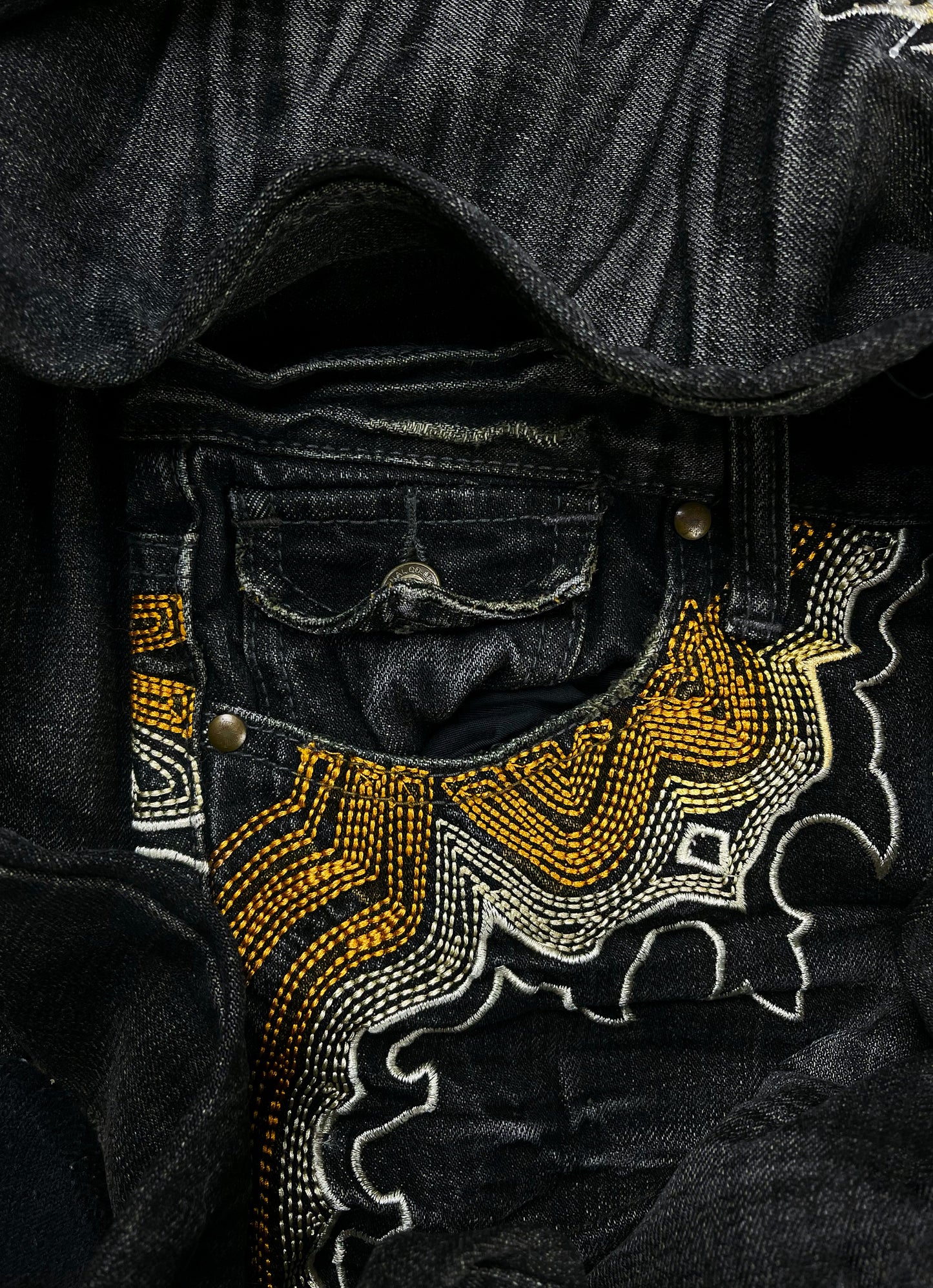 2000s Tornado Mart Black Flared Leg Embroidered Denim