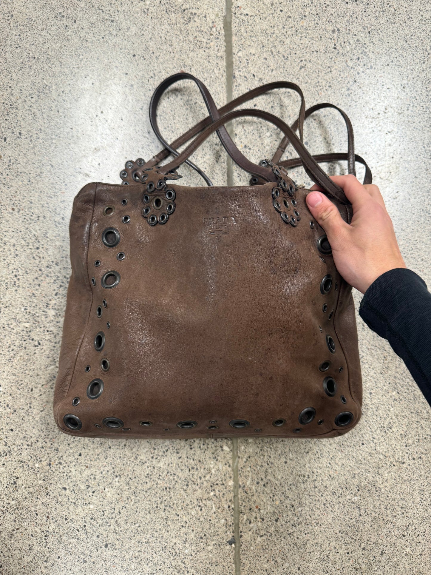 Prada Eyelet Studded Brown Leather Shoulder Bag