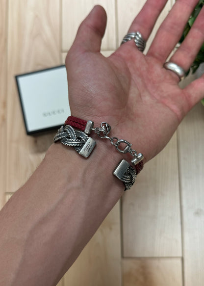Gucci 925 Silver ‘Horsebit’ Charm Braided Leather Bracelet