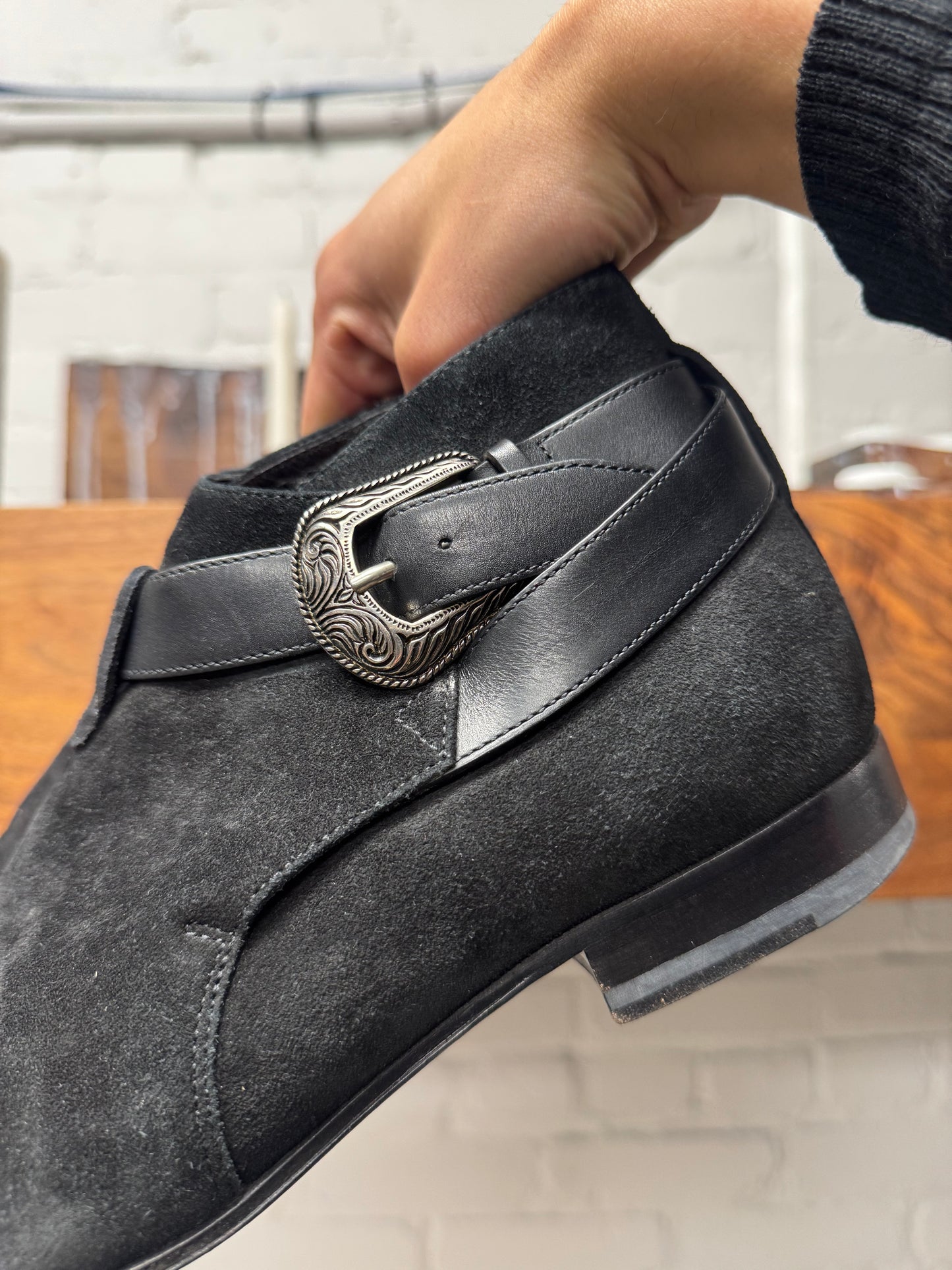 Saint Laurent ‘Jodhpur’ Western Buckle Black Suede Ankle Boots