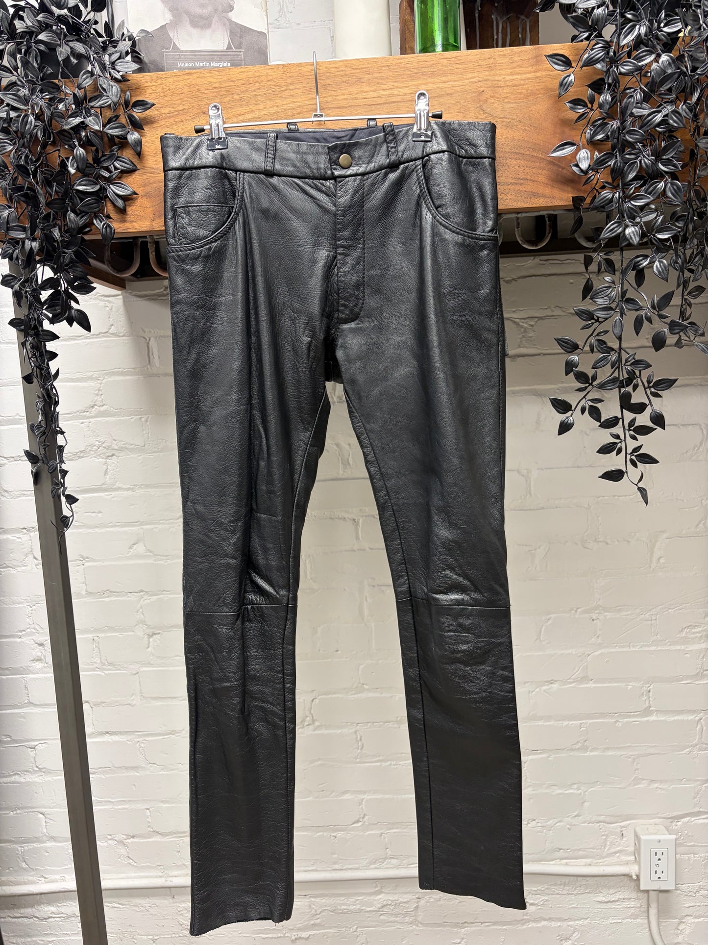 AW1998 Raf Simons ‘Black Palms’ Fringe Pocket Black Lambskin Leather Skinny Pants