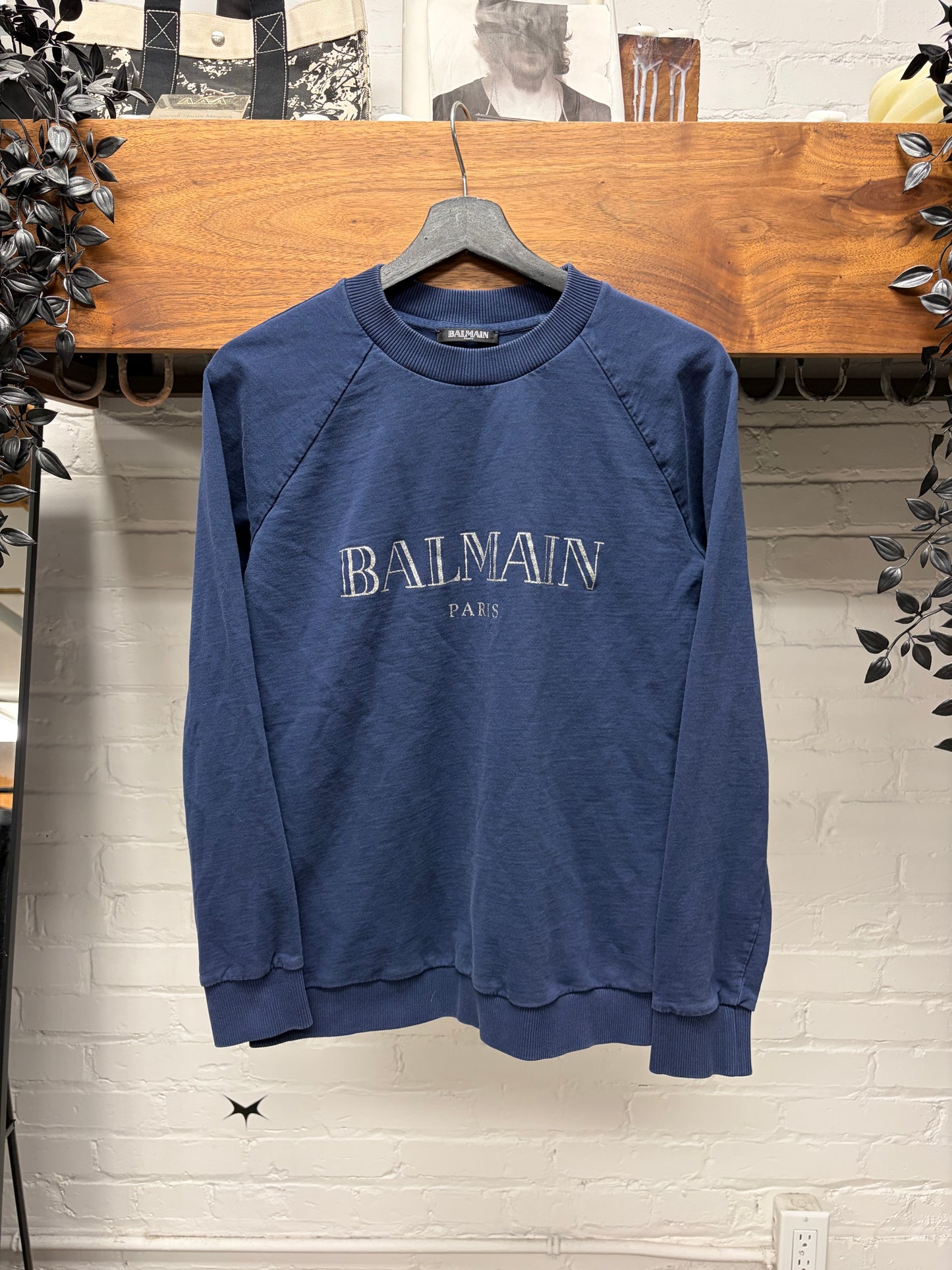 Balmain Silver/Navy Cotton Logo Crewneck Sweatshirt