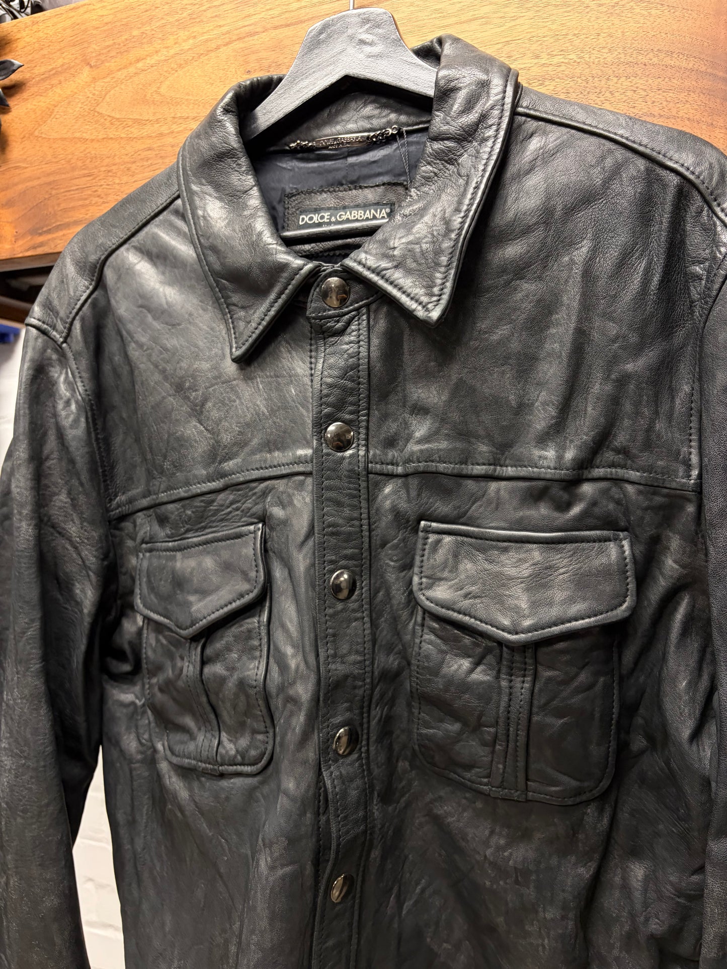 Dolce and Gabbana ‘Mainline’ Black Lambskin Leather Button Snap Jacket