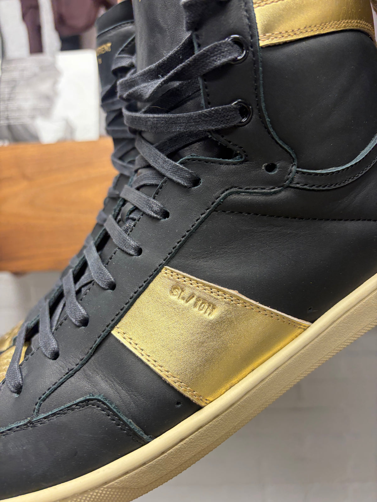 Saint Laurent 'SL/10H' Black/Gold Leather Court High Top Sneakers