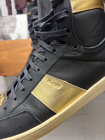 Saint Laurent 'SL/10H' Black/Gold Leather Court High Top Sneakers