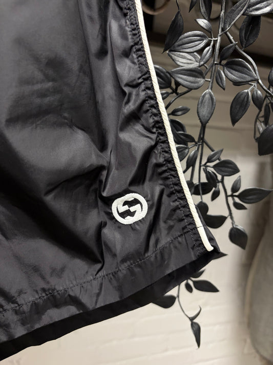 2000s Gucci Striped ‘GG Interlock Logo’ Lined Black Swim Shorts
