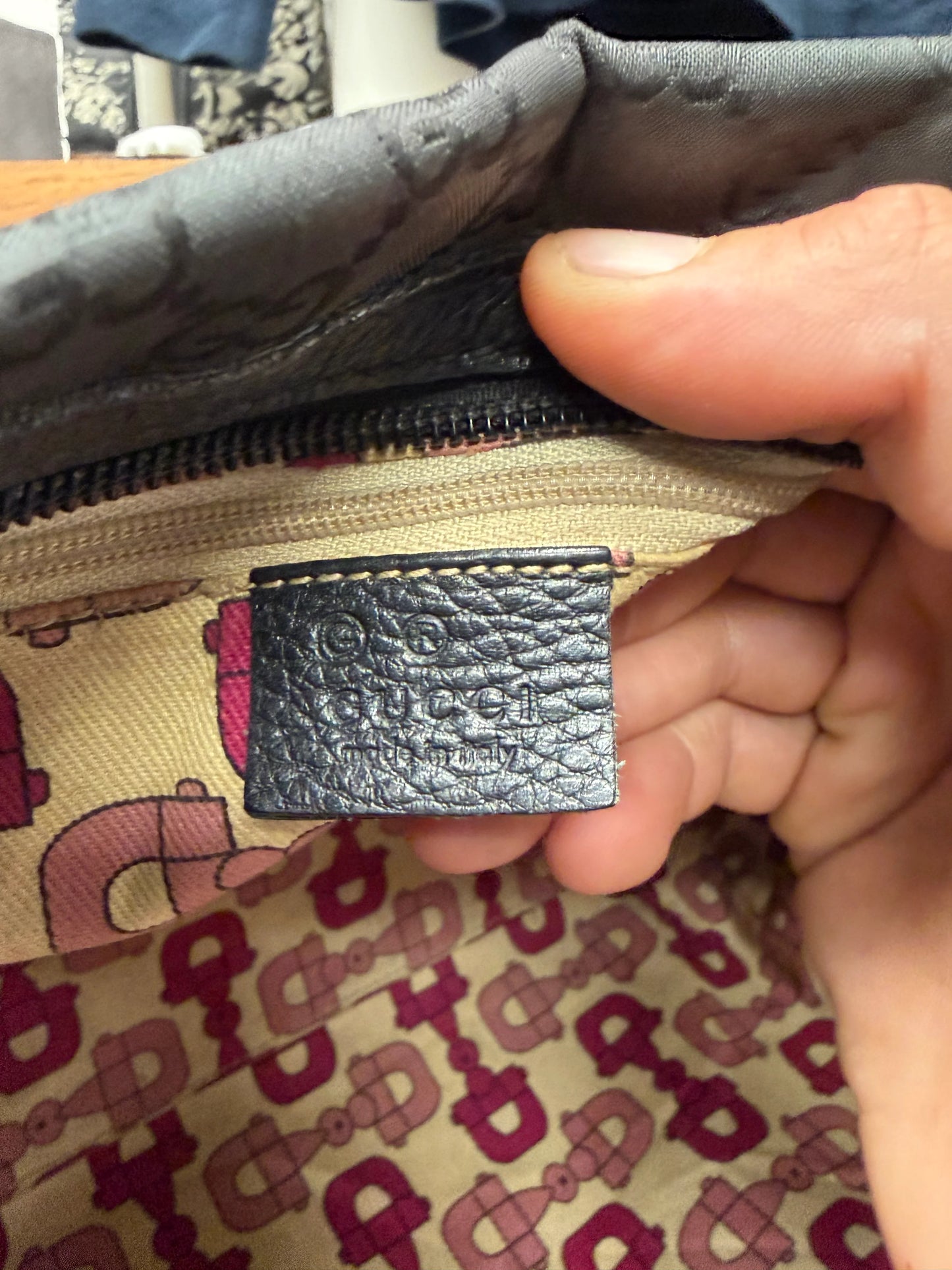 Gucci ‘Guccisima’ Black Canvas Monogram Shoulder Bag with Pink Horsebit Interior.