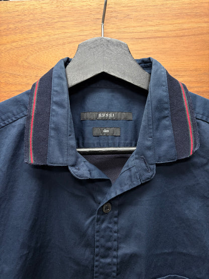 Gucci ‘Striped Collar’ Navy Blue Cotton Short Sleeve Button Up Shirt