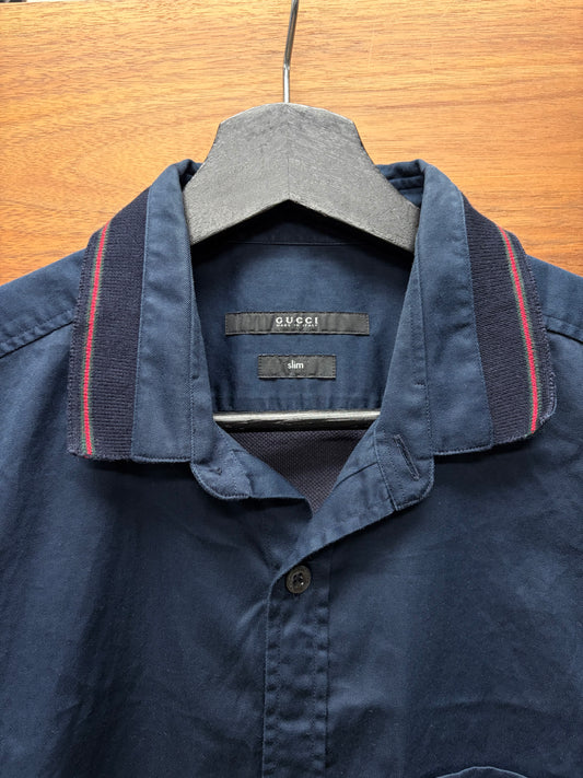 Gucci ‘Striped Collar’ Navy Blue Cotton Short Sleeve Button Up Shirt