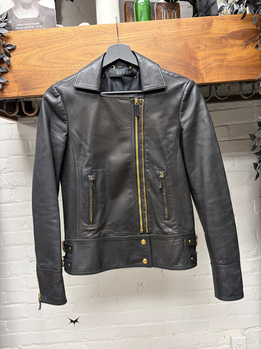 Gucci by Frida Giannini Black Lambskin ‘Double Zip’ Cropped Leather Jacket