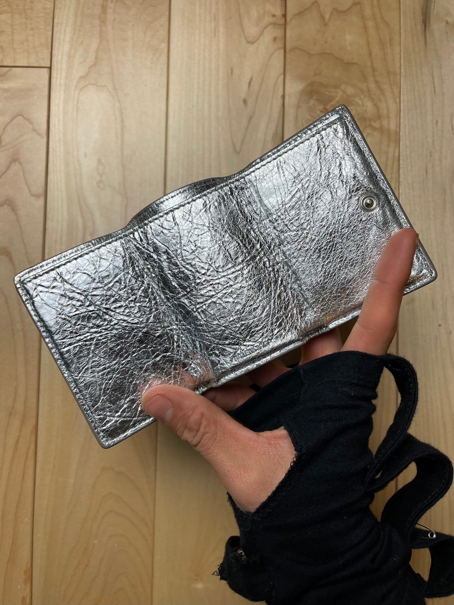 Balenciaga Trifold Papier Brushed Silver Compact Wallet