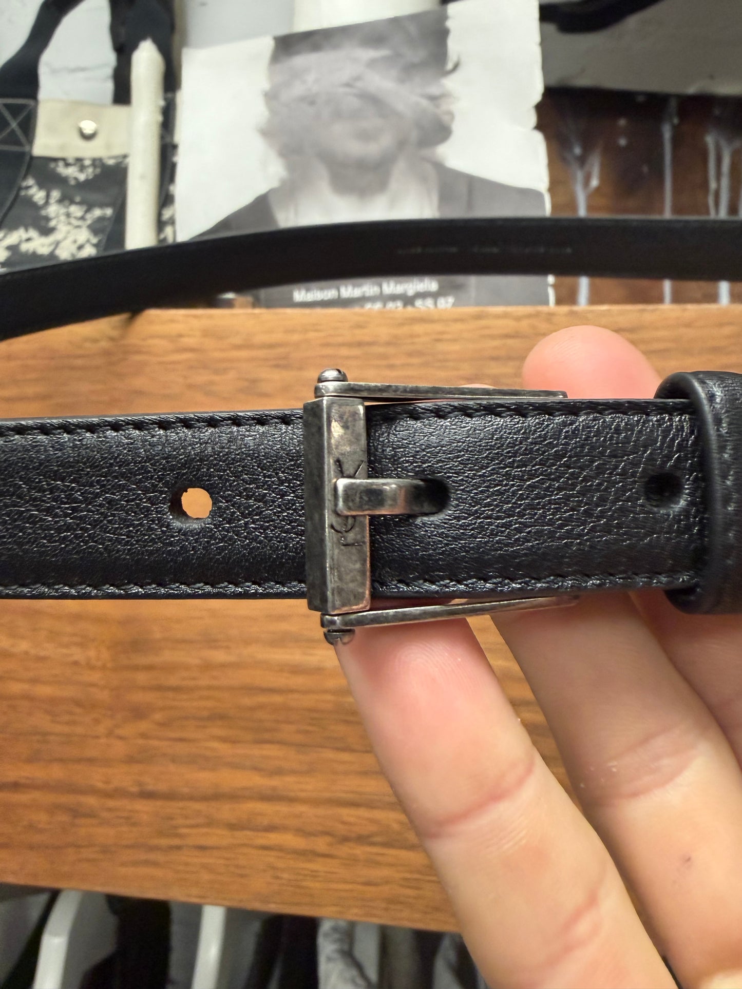 Saint Laurent ‘Minimalist’ YSL Logo Thin Leather Belt