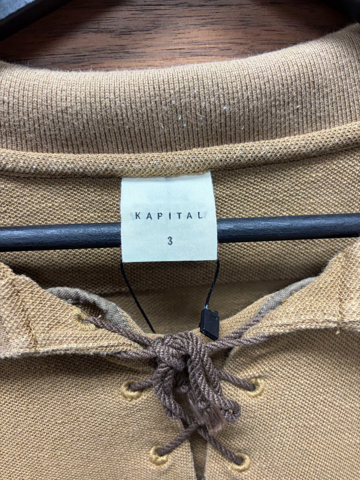 Kapital ‘Sailor’ Embroidered Crest Logo Lace-Up Brown Cotton Polo