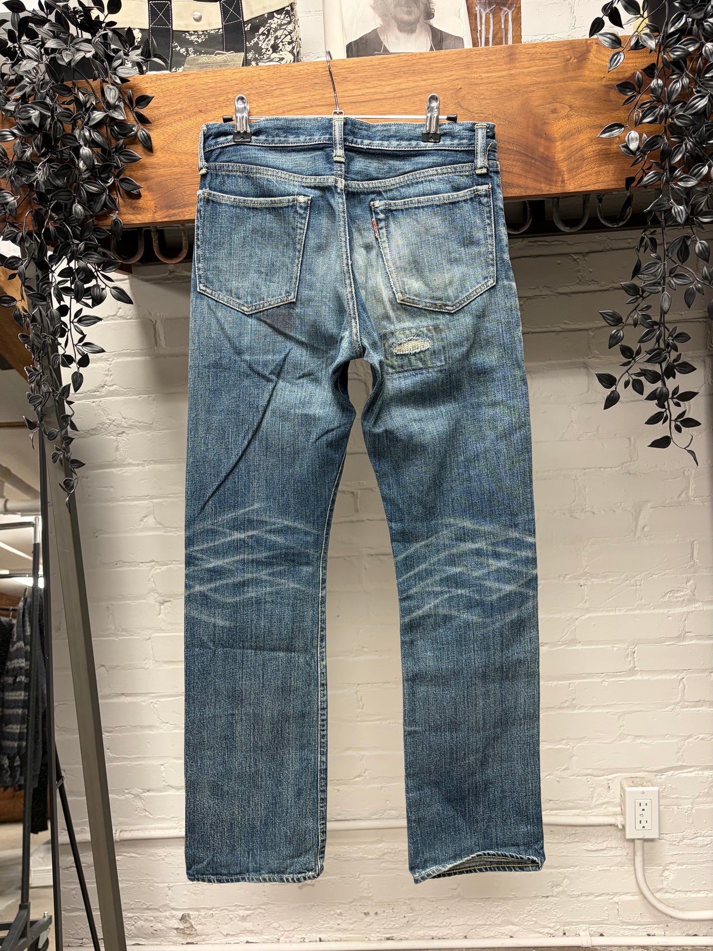 Kapital ‘Sashiko Repaired’ Low Rise Dark Wash Blue Flared Denim