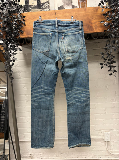 Kapital ‘Sashiko Repaired’ Low Rise Dark Wash Blue Flared Denim